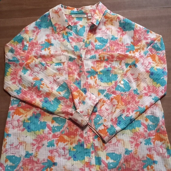 Notations Floral Sheer Quarter Sleeve Button Up Blouse size L 2 Front Pockets - Picture 1 of 4